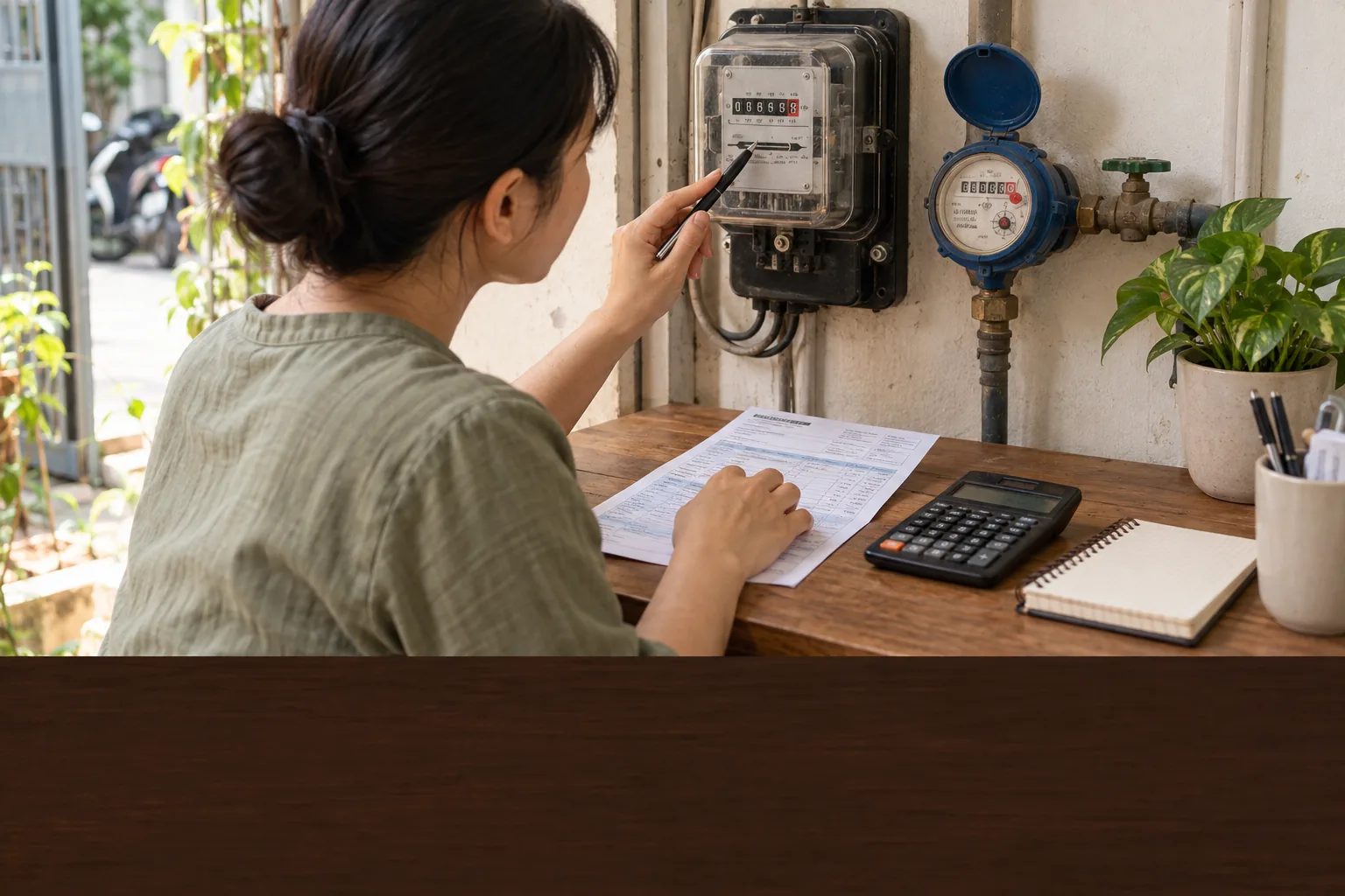 Người quản lý ghi chỉ số trên công tơ điện và đồng hồ nước tại nhà cho thuê.