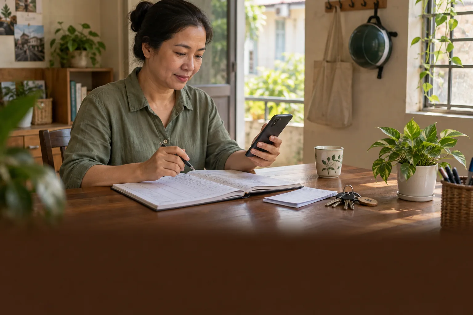 Người quản lý đối chiếu giao dịch trên điện thoại với sổ theo dõi tiền thuê.