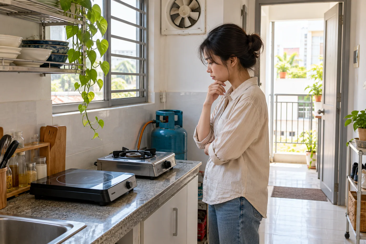 Ảnh minh họa: Nấu ăn trong phòng trọ với bếp gas và bếp điện